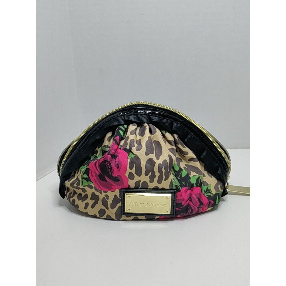 Betsey Johnson Leopard Print Cosmetic Case with Pink Rose Accents